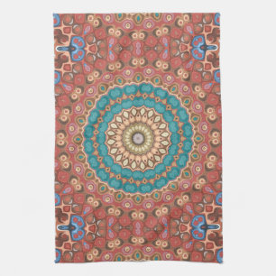 Turquoise en Terracotta Geometrisch Mandala Patroo Theedoek