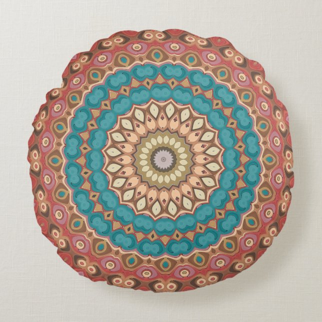 Turquoise en Terracotta geometrische mandala patro Rond Kussen (Voorkant)
