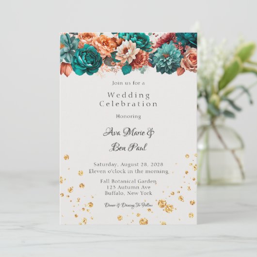 Turquoise en Terracotta Pioen Bruiloft Viering Kaart (Staand voorkant)