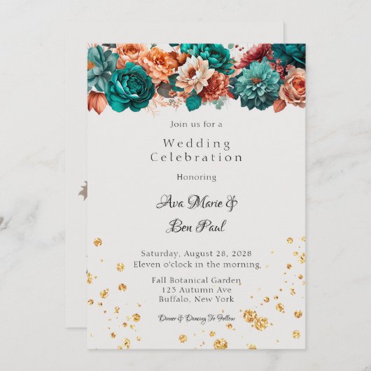 Turquoise en Terracotta Pioen Bruiloft Viering Kaart (Voorkant / Achterkant)