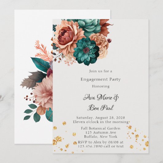 Turquoise en Terracotta Pioen Verlovingsfeest Kaart (Voorkant / Achterkant)