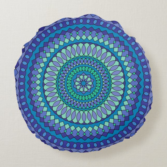 Turquoise en turkooisblauwe mandala  rond kussen (Achterkant)