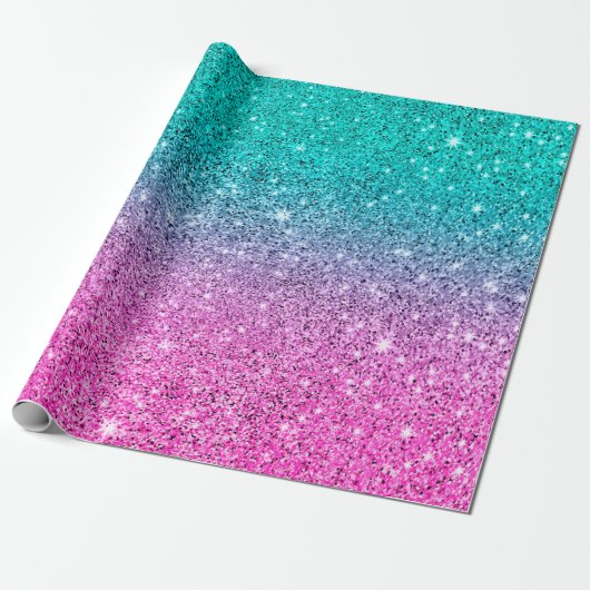Turquoise en warme roze glitter ombre cadeaupapier (Uitgerold)