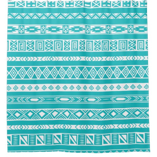 Turquoise en White Aztec Etnische stam Douchegordijn (Voorkant)