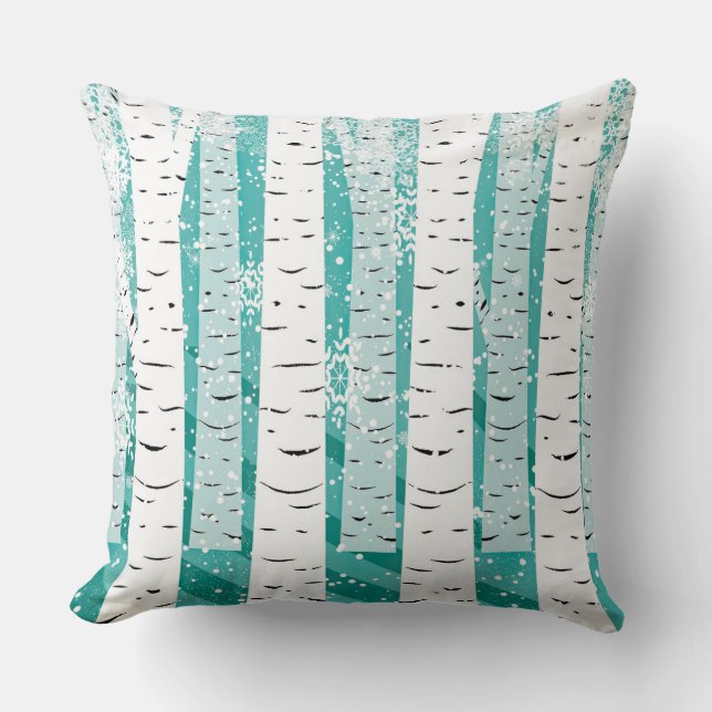Turquoise en White Birch Trees en Snowflakes Kussen (Voorkant)