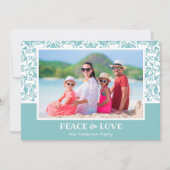 Turquoise en White Damask-kerstfoto Feestdagenkaart (Voorkant)