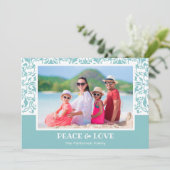 Turquoise en White Damask-kerstfoto Feestdagenkaart (Staand voorkant)