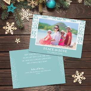 Turquoise en White Damask-kerstfoto Feestdagenkaart