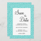 Turquoise en White Diagonal Greek Key Pattern Save The Date (Voorkant / Achterkant)