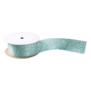 Turquoise en White  Floral Paisley Satijnen Lint