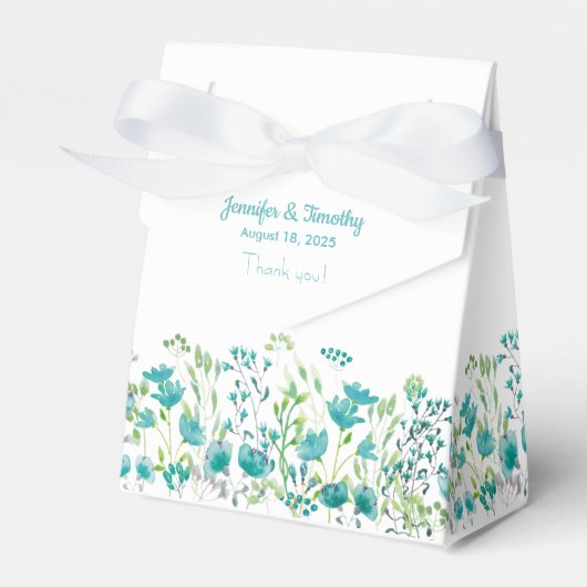 Turquoise en White Floral Personalized Wedding Bedankdoosjes (Voorkant Zijde)