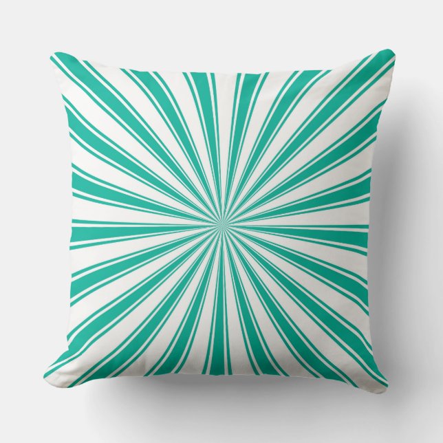 Turquoise en White Funky Sun Rays Retro Stripes Kussen (Voorkant)