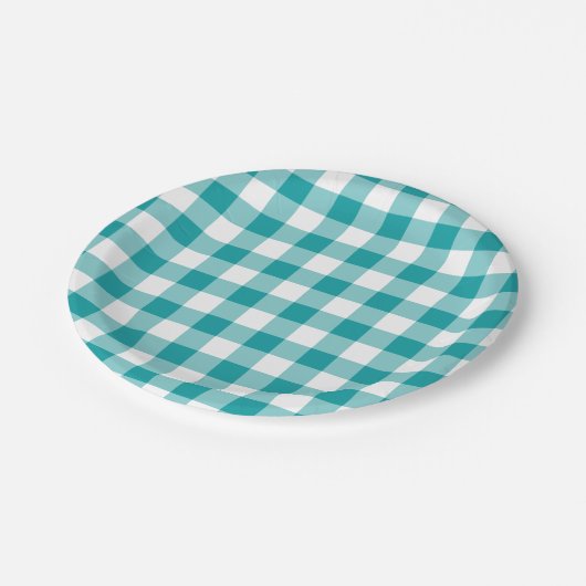 Turquoise en White Gingham Pattern Papieren Bordje (Gekanteld)
