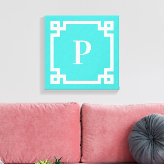 Turquoise en White Greek Key Border Monogram Canvas Afdruk (Insitu (Woonkamer))
