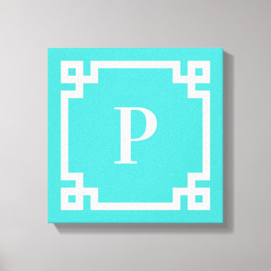 Turquoise en White Greek Key Border Monogram Canvas Afdruk (Voorkant)