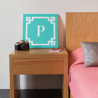 Turquoise en White Greek Key Border Monogram