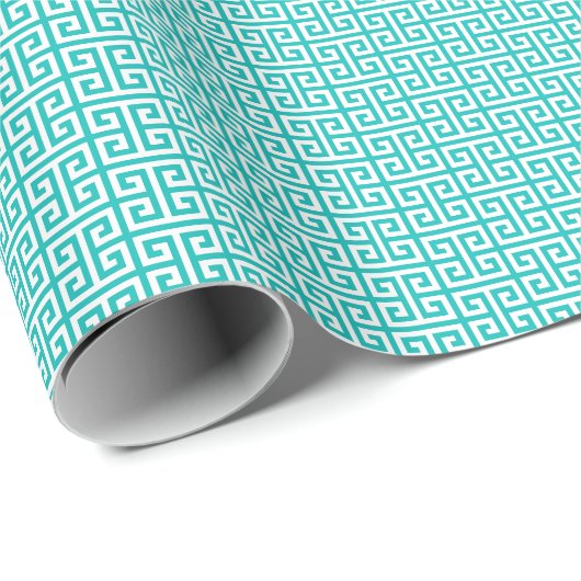Turquoise en White Greek Key Pattern Cadeaupapier (Rol Hoek)