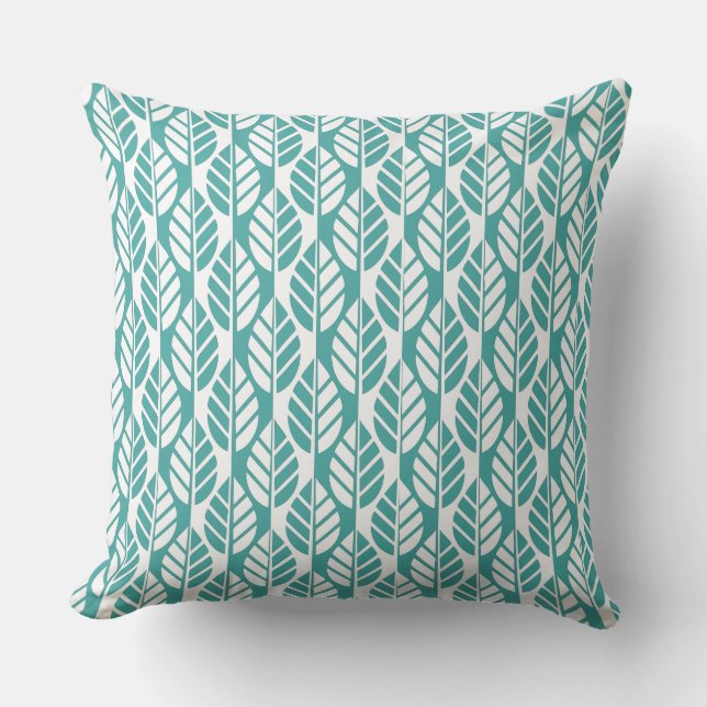 Turquoise en White Leaves Pattern Kussen (Voorkant)
