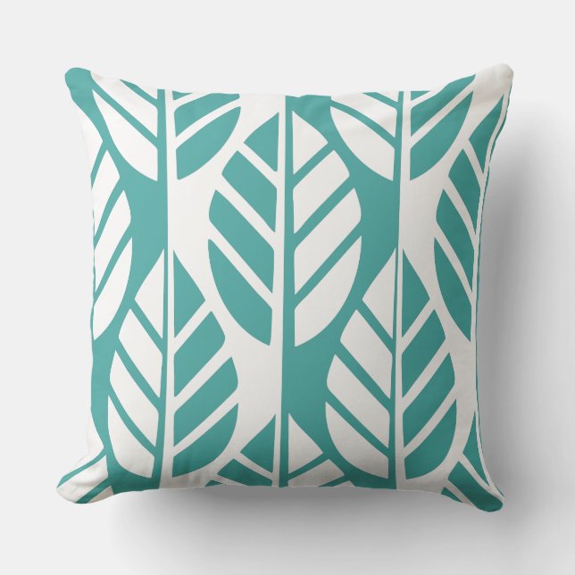 Turquoise en White Leaves Pattern Kussen (Voorkant)
