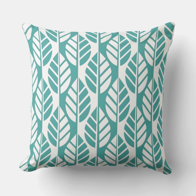 Turquoise en White Leaves Pattern Kussen (Voorkant)