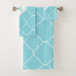 Turquoise en White Quatrefoil Pattern Monogrammed Bad Handdoek