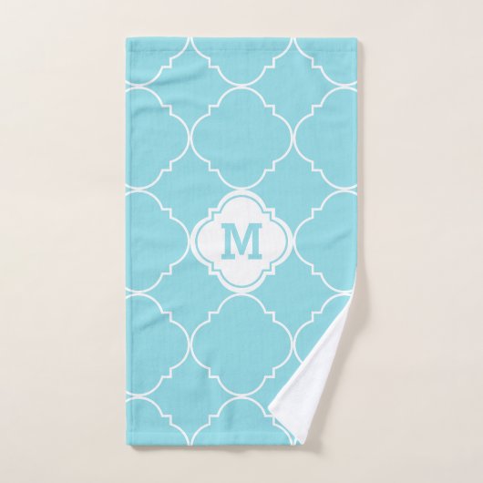 Turquoise en White Quatrefoil Pattern Monogrammed Bad Handdoek (Handdoek)