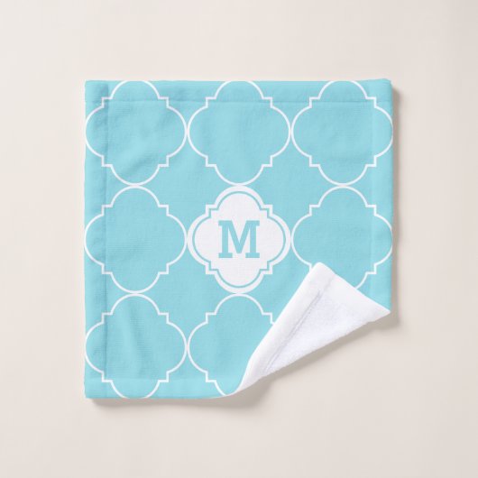 Turquoise en White Quatrefoil Pattern Monogrammed Bad Handdoek (Wasdoekje)