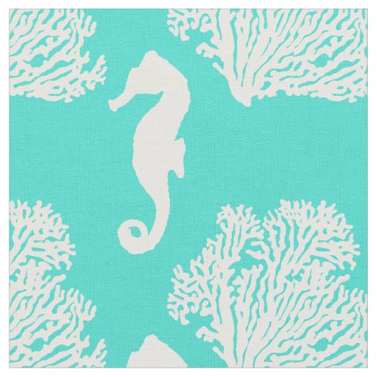 Turquoise en White Seahorse Coastal Pattern Stof (Close Up)