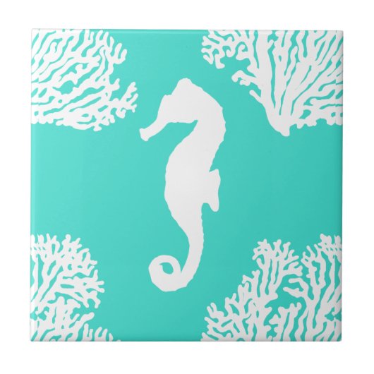 Turquoise en White Seahorse Coastal Pattern Tegeltje (Voorkant)