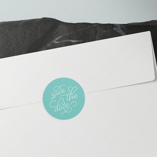 Turquoise en White Typography Save the Date Ronde Sticker