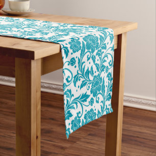 Turquoise en wit bloemmotief damast patroon korte tafelloper