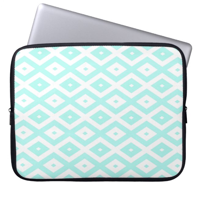 Turquoise en wit diamantpatroon laptop sleeve (Voorkant)
