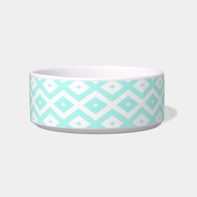 Turquoise en wit diamantpatroon voerbakje (Voorkant)