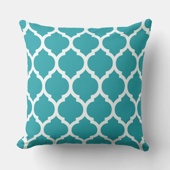 Turquoise en wit Marokkaans vierlobbig patroon Kussen (Voorkant)