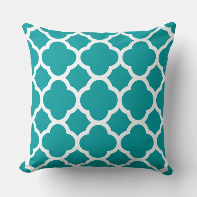 Turquoise en wit vierlobbig patroon kussen (Voorkant)