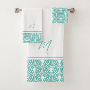 Turquoise en witte  Art Deco Pattern Bad Handdoek