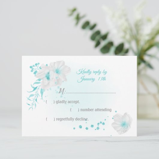 turquoise en witte bloemen botanisch RSVP kaartje (Staand voorkant)