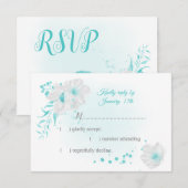 turquoise en witte bloemen botanisch RSVP kaartje (Voorkant / Achterkant)