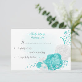 turquoise en witte bloemen botanisch RSVP kaartje