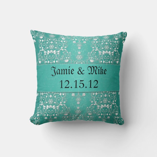 Turquoise en witte bloemen Damask Kussen (Voorkant)