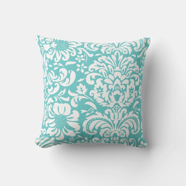 Turquoise en witte bloemen Damask Kussen (Voorkant)