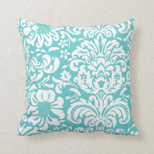 Turquoise en witte bloemen Damask Kussen