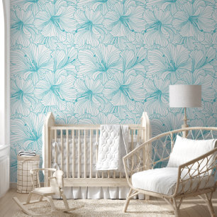 Turquoise en witte bloemen patroon behang