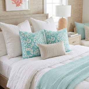 Turquoise en witte bloemendamask kussen