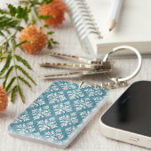 Turquoise en Witte Bloemendamask Patroon Sleutelhanger (Voorkant Rechts)