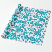 Turquoise en witte bloemendamaskpatroon cadeaupapier (Uitgerold)