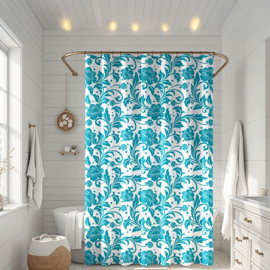Turquoise en witte bloemendamaskpatroon douchegordijn