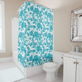 Turquoise en witte bloemendamaskpatroon douchegordijn (In situ)