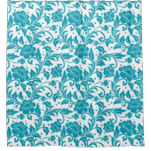Turquoise en witte bloemendamaskpatroon douchegordijn (Voorkant)