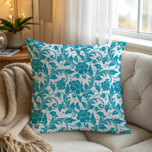 Turquoise en witte bloemendamaskpatroon kussen